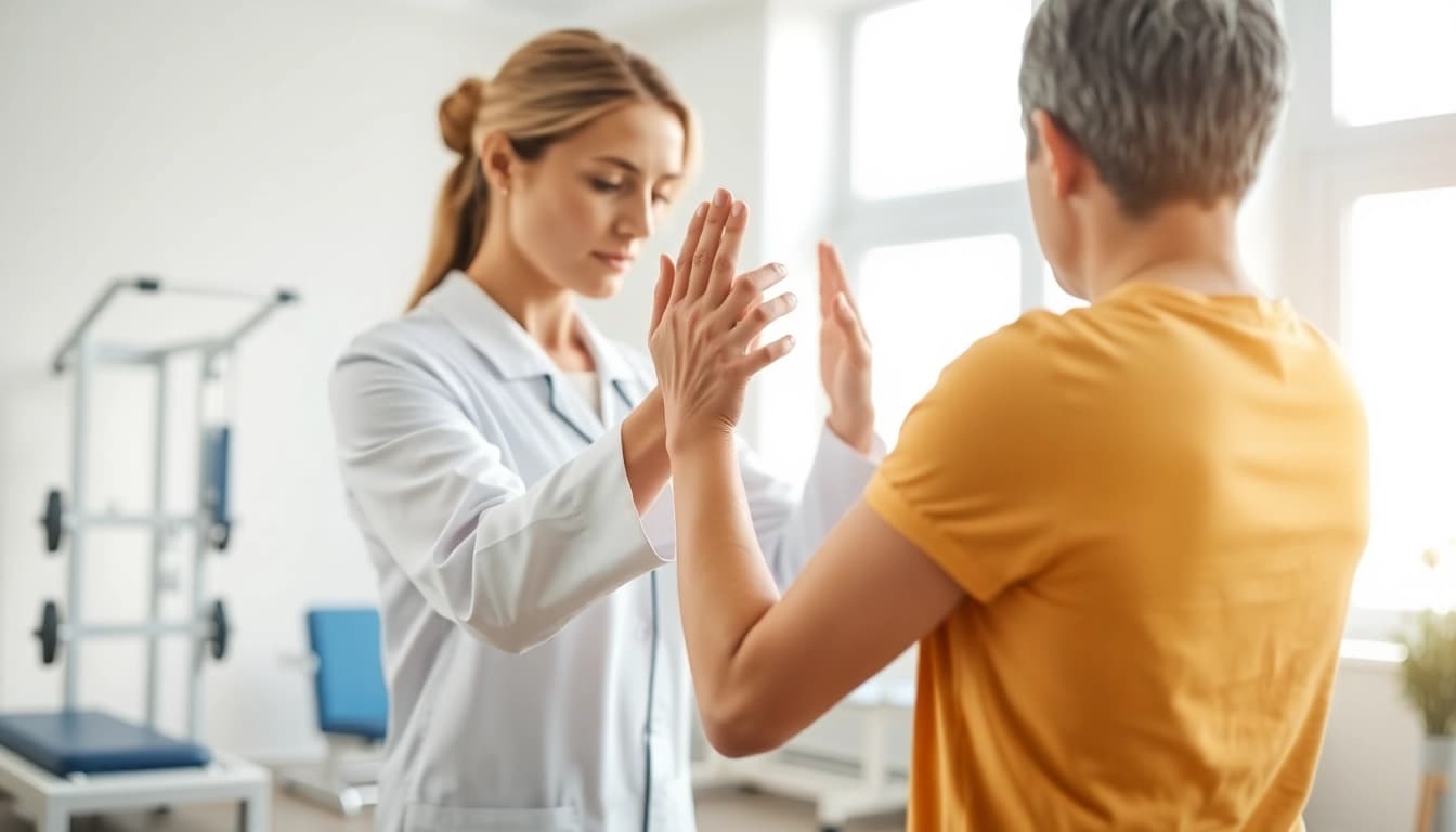 Physiotherapy near me session illustrating a therapist assisting a patient with rehabilitation.