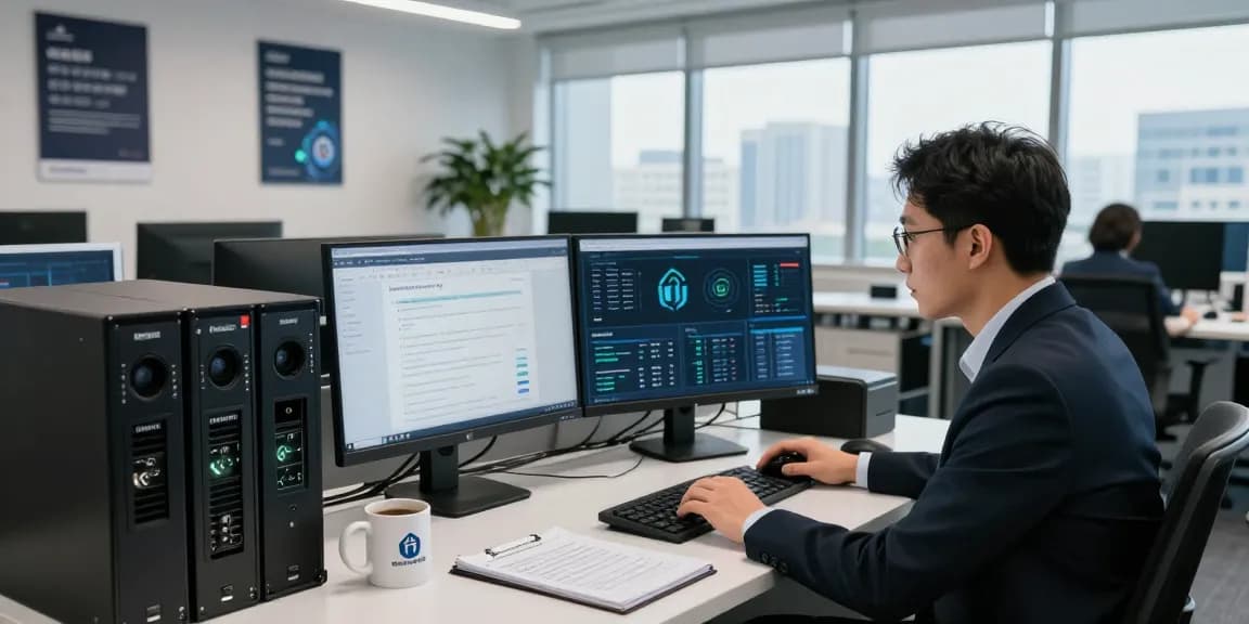 Monitoring security protocols on https://shs-dome5.com/ during a security inspection in a modern office.
