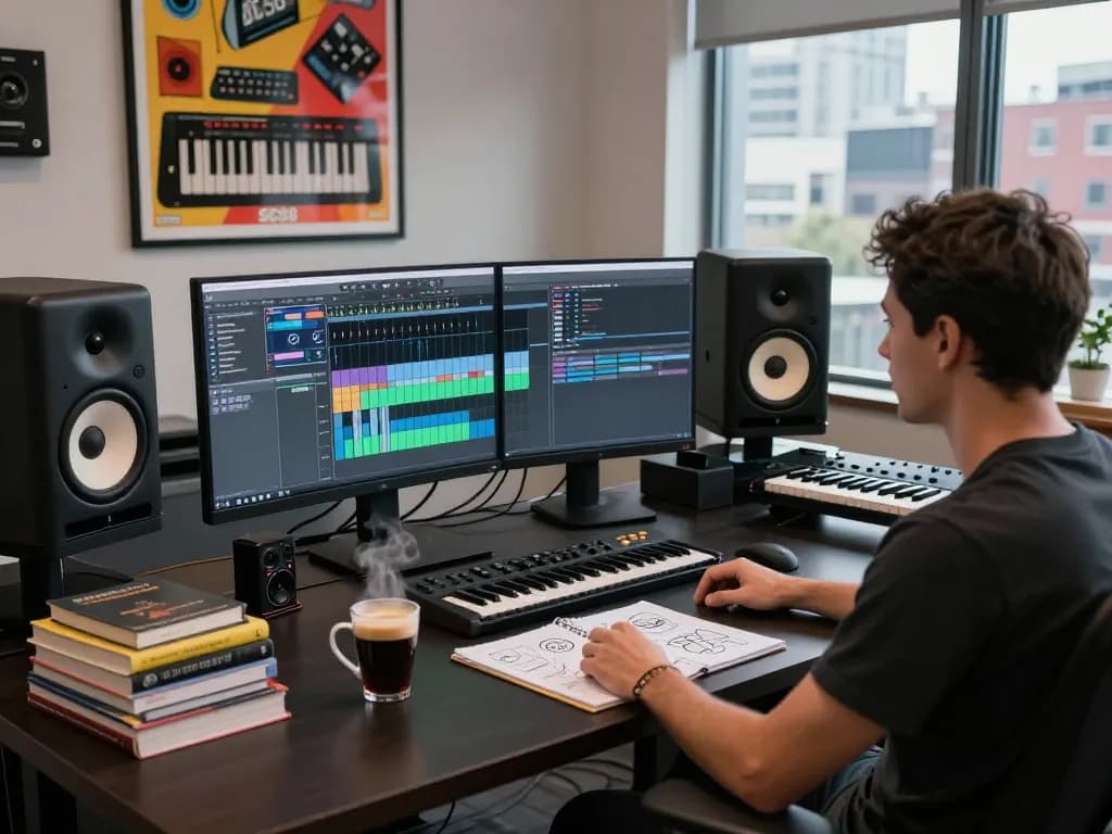 Sound engineer programming music software featuring SC88 in a modern workspace, showcasing creativity and technology.