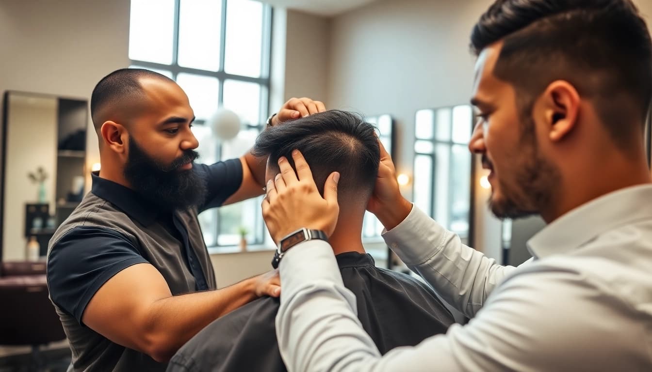 Ace of Fades 212 hair replacement expert measuring systems during a personalized consultation.