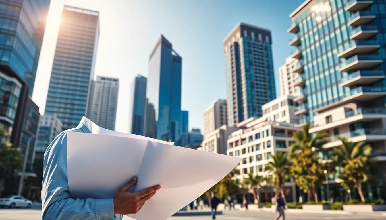 Showcasing architectural services with an architect analyzing blueprints against a vibrant urban backdrop.