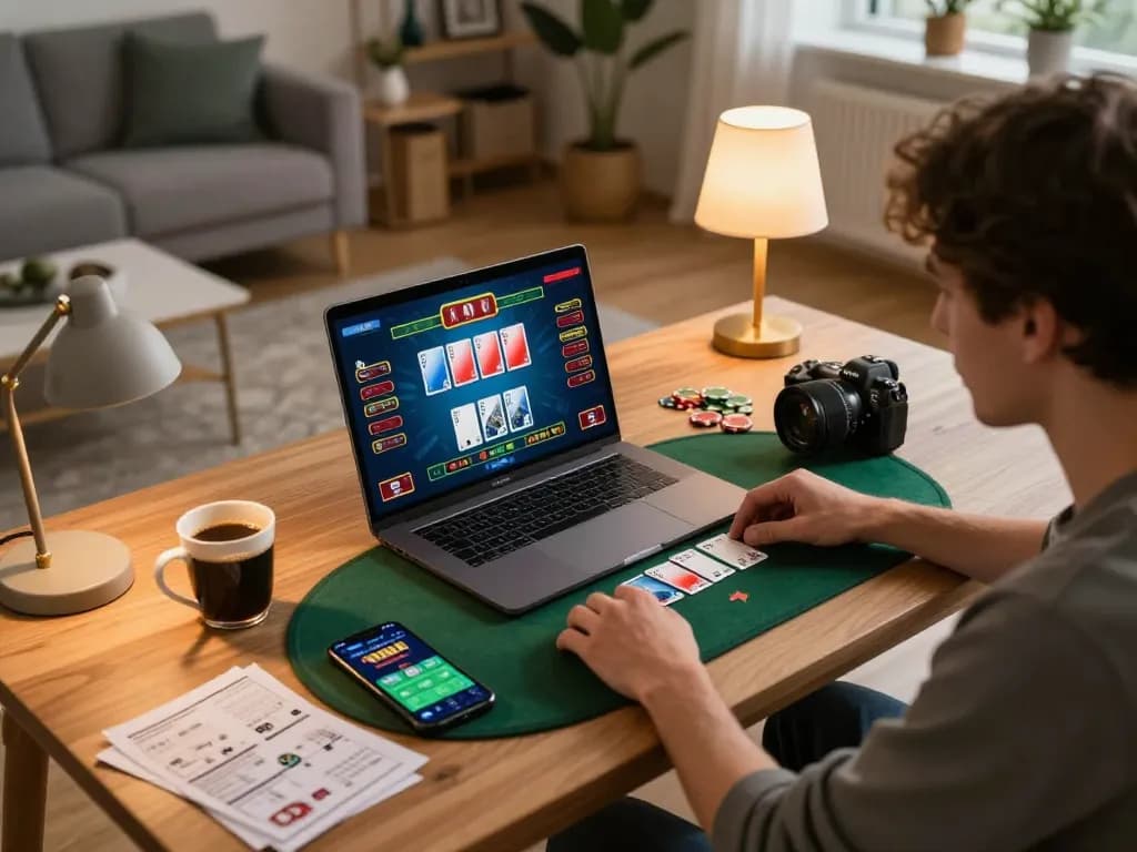 Player enjoying vipwin poker game on laptop at home desk with strategy notes and coffee