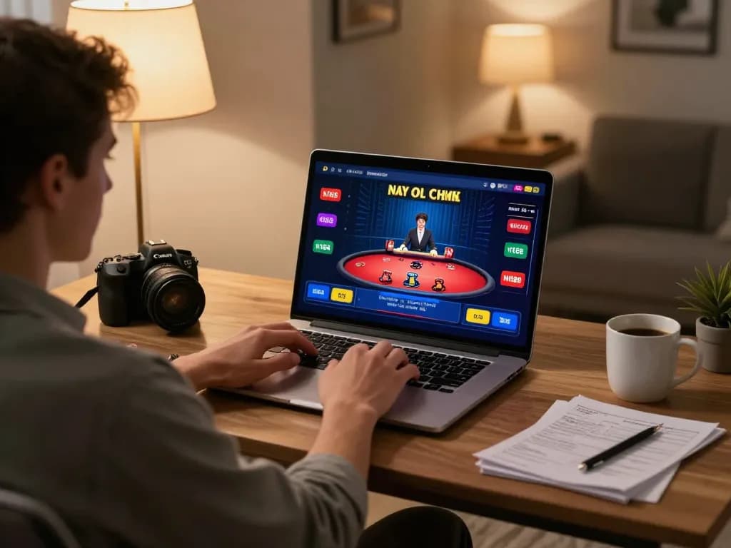 N188 game player engaging in strategic gameplay at home using laptop and reviewing notes.