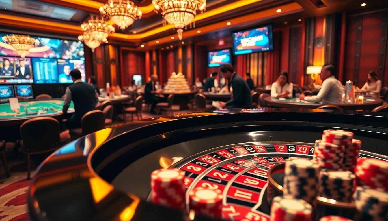 Experience the luxury of king888 with an engaging casino scene featuring vibrant gambling activities.