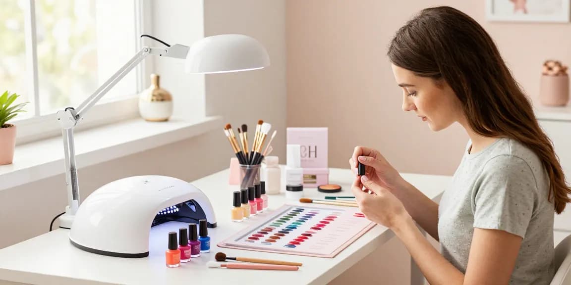 Configurație de manichiură DIY prezentând un kit manichiura acasă cu lacuri gel colorate și unelte.