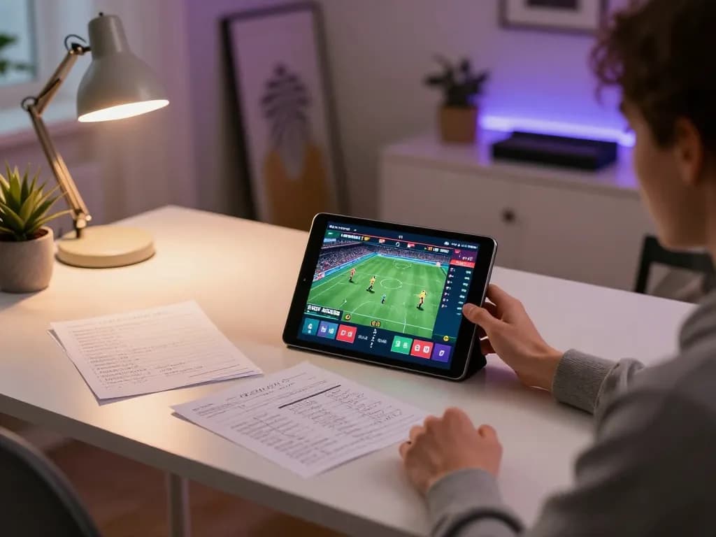 Engaged in sports betting at home through Nhà cái Bet88, balancing strategy notes and tablet interface.
