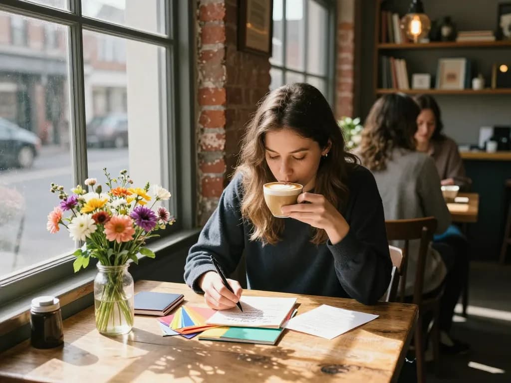 Young woman enjoying a latte while writing a letter about her crush on someone in a cozy café.