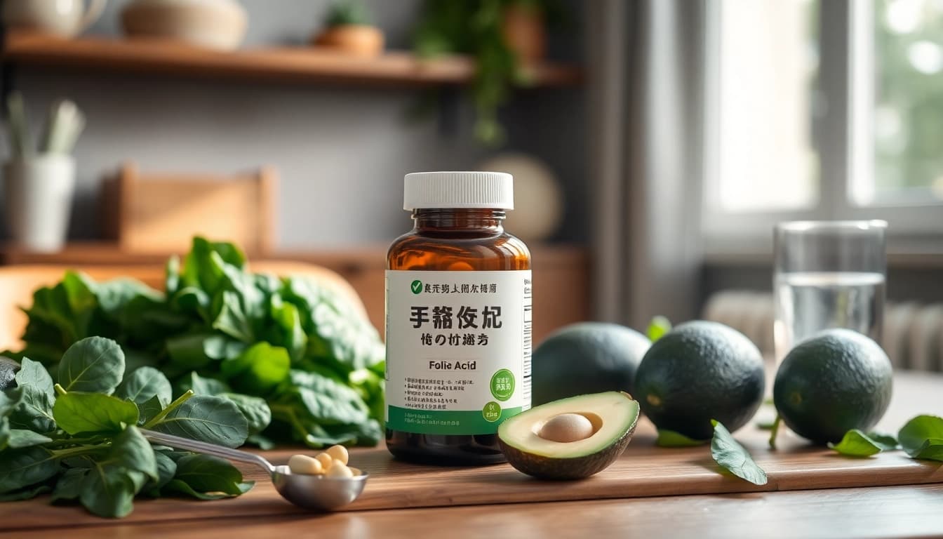 緑に囲まれた木製のテーブルの上に置かれた新鮮な葉酸サプリのボトル。健康と栄養を促進。