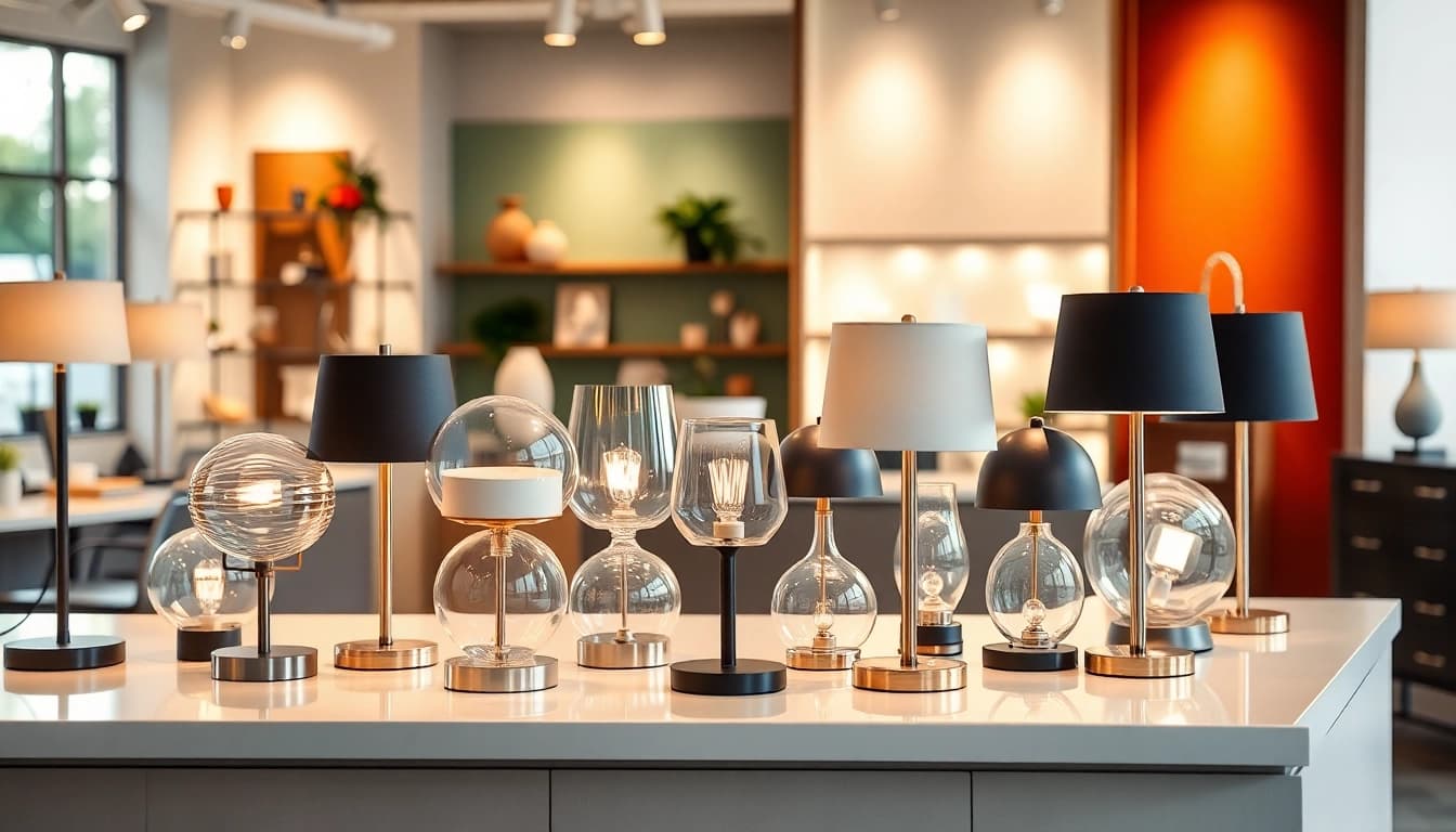 Shop ELC Lamps Online featuring stylish lighting designs in a modern showroom setting.