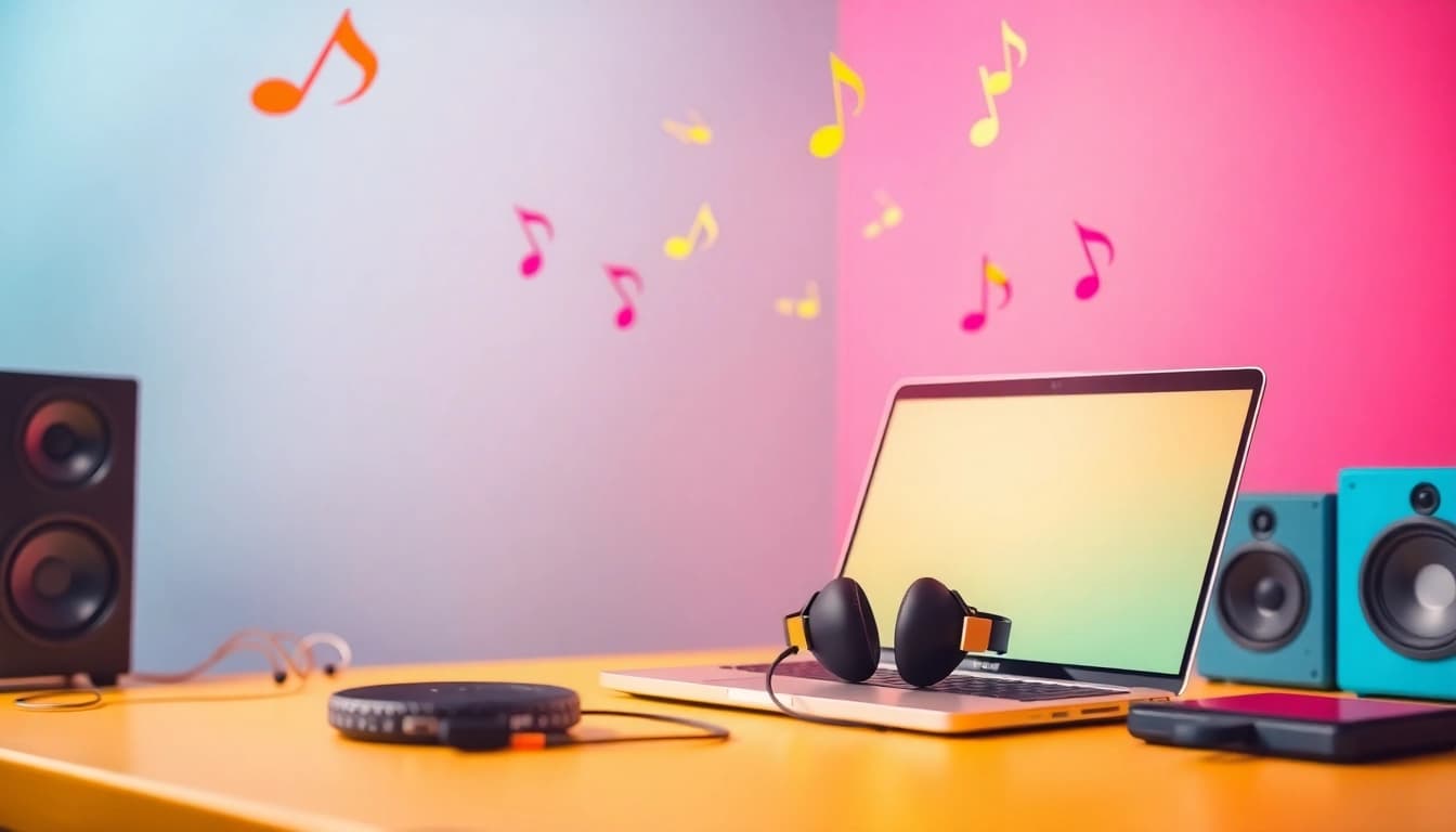 Download MP3 music files from a vibrant workspace featuring headphones and a laptop.