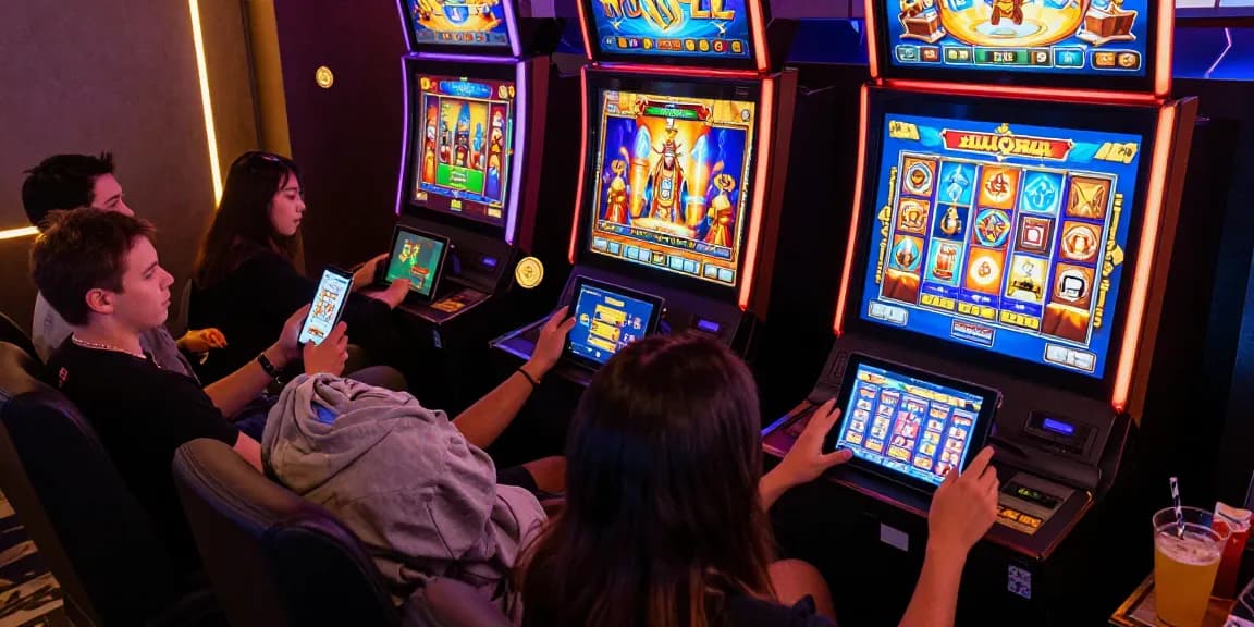 Players enjoying online slot games on mobile devices, showcasing vibrant themes and community vibe.