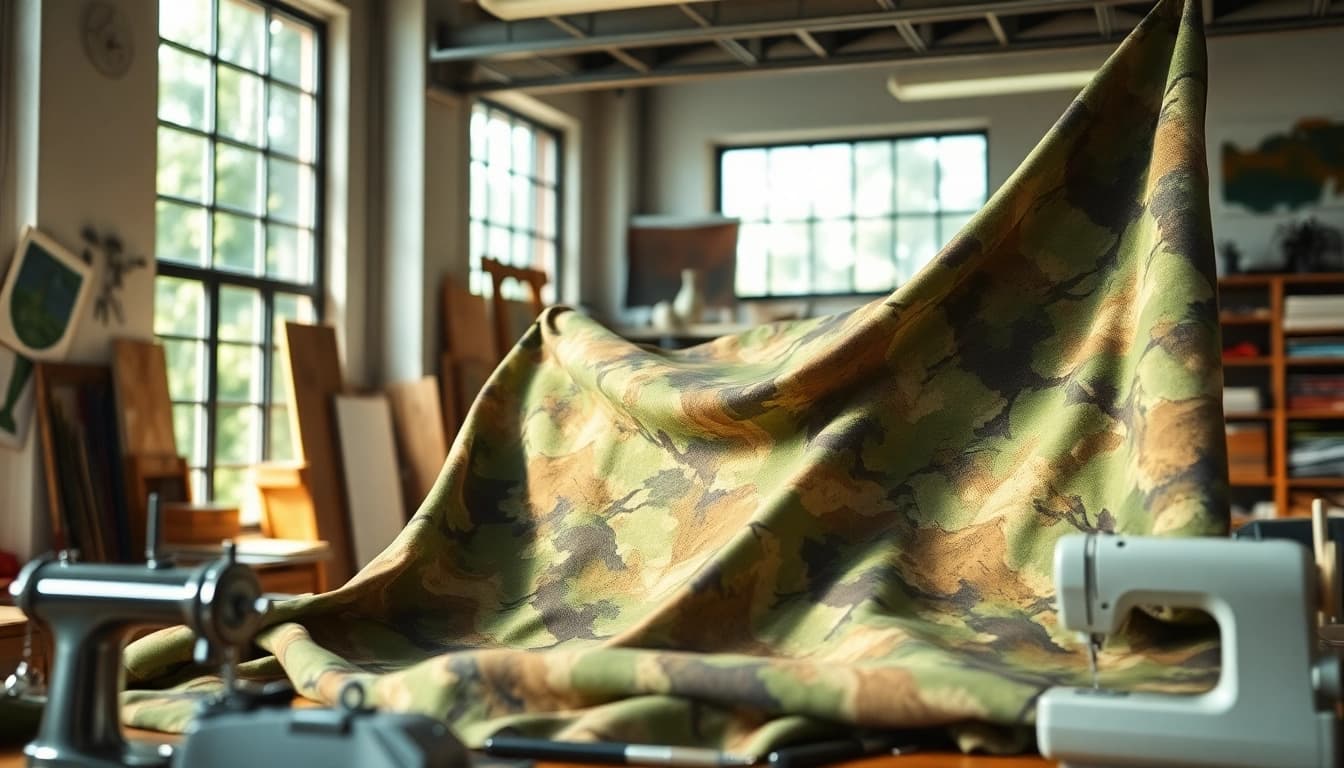 Legerprint stof met een gedetailleerd camopatroon zichtbaar in een creatieve werkomgeving.