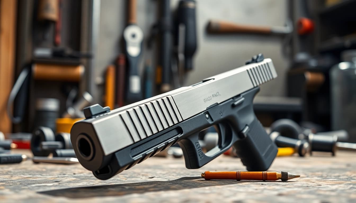 Showcase of a glock slide emphasizing sleek design and precision engineering.