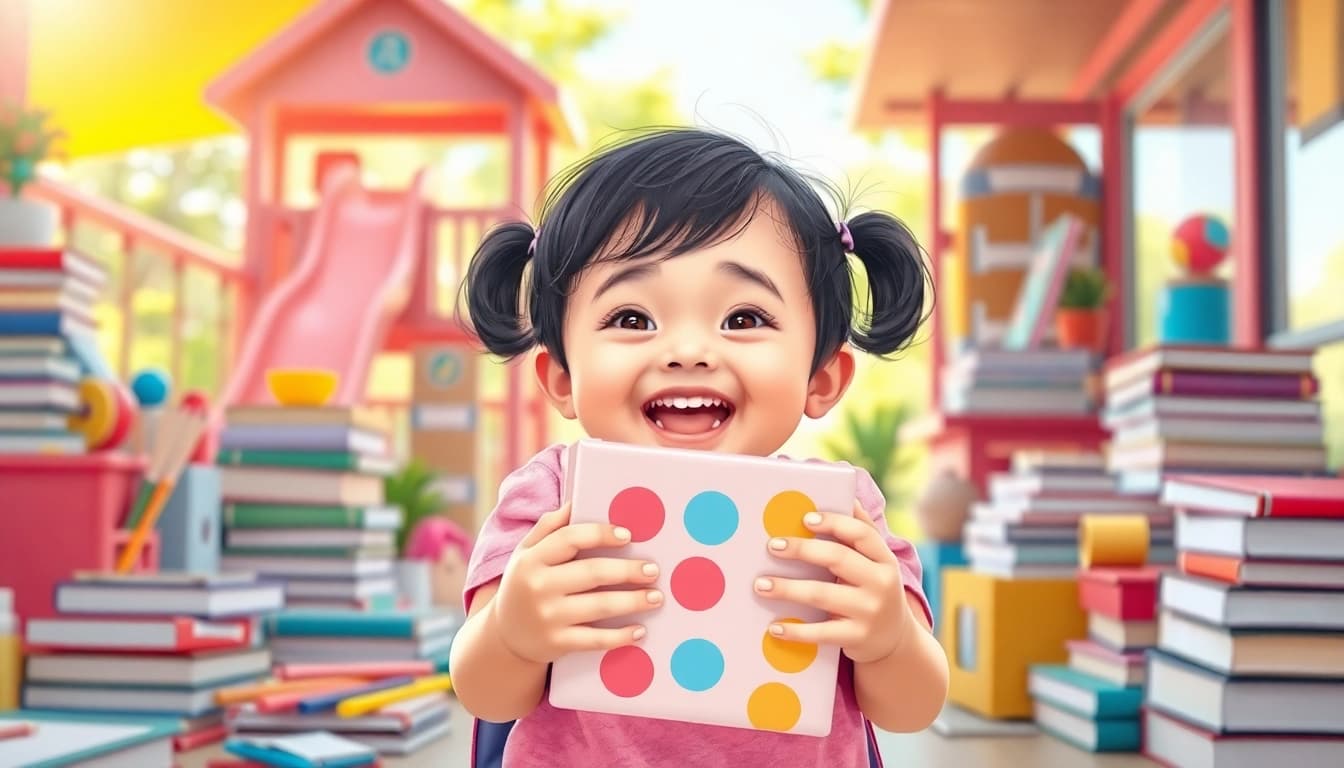 ララちゃんランドセルをレビューする様子。元気な子どもが鮮やかなデザインと遊び心のある要素を披露しています。