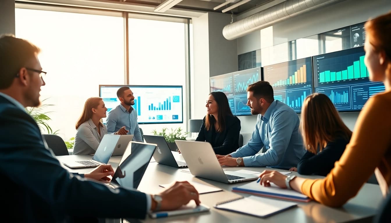 Engaging team discussing SEO strategies with charts and data in a modern office setting.