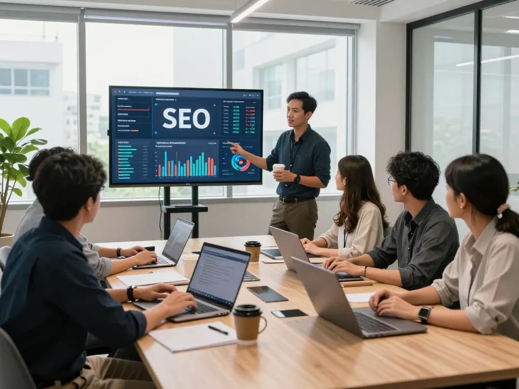 SEO services Kuala Lumpur team collaborating on digital marketing strategies in modern workspace