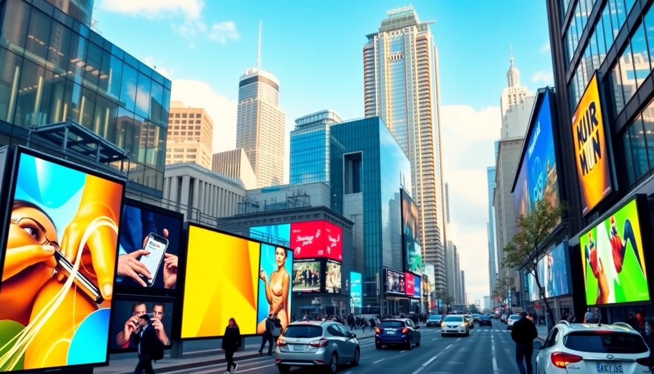 Engaging digital advertising boards in an urban setting showcasing vibrant ads.