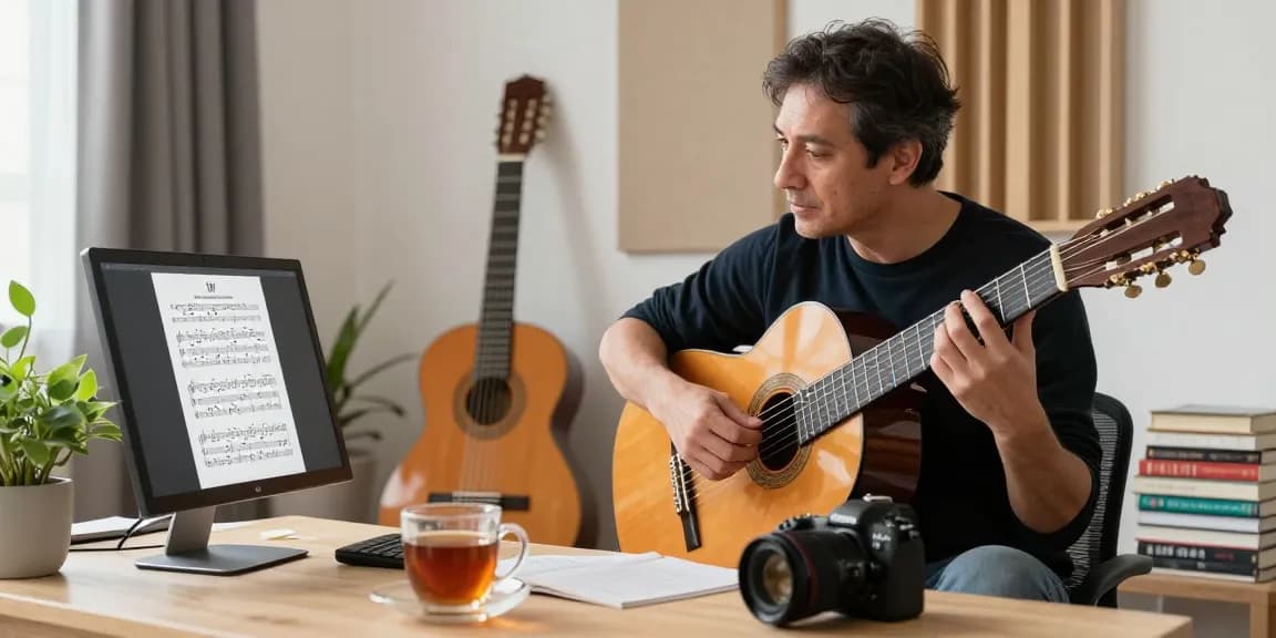 Engaging online classical guitar teacher online session with certified instructor guiding students through techniques.