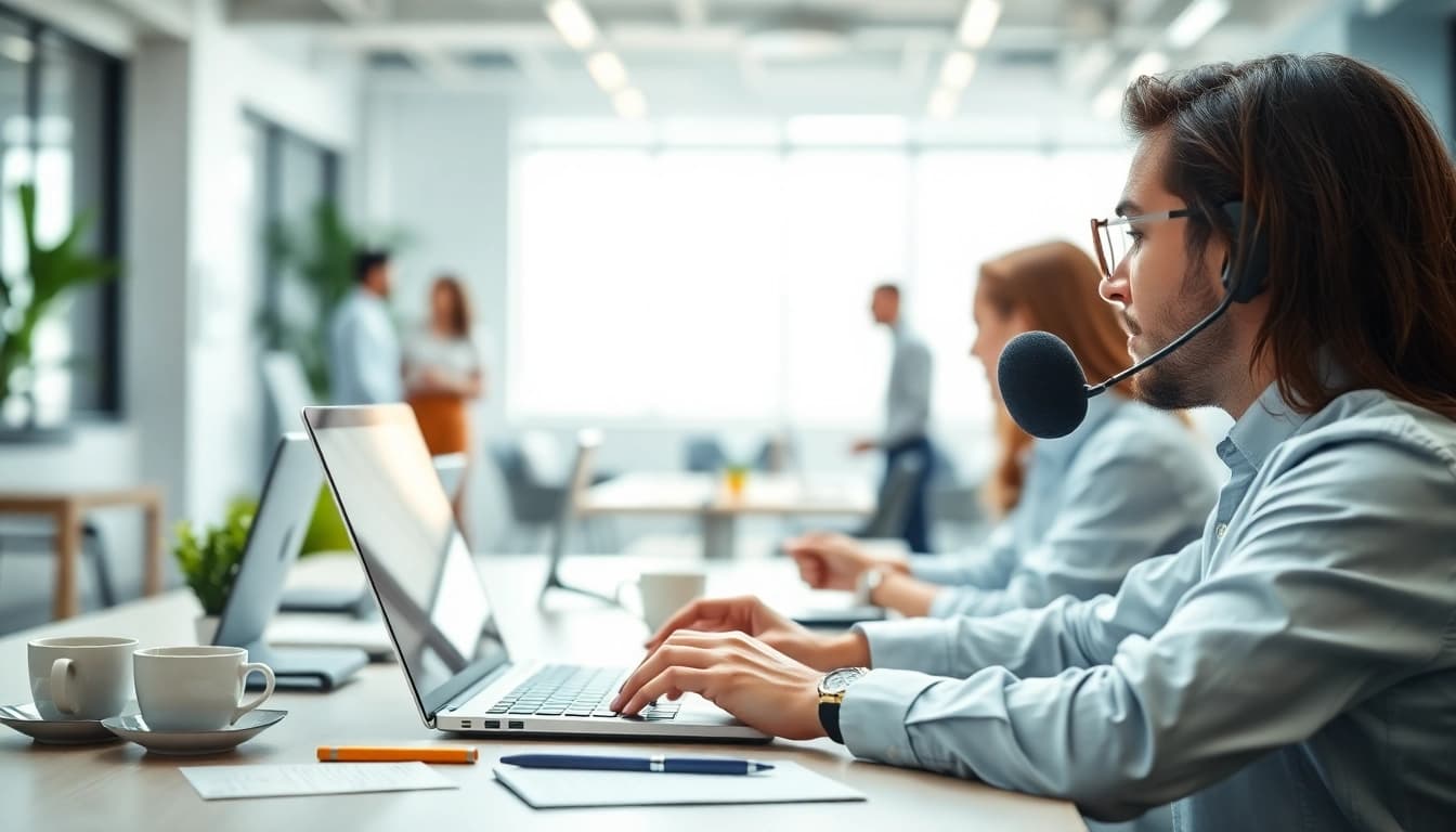 Engaging interface of https://www.speechlyapp.com with a user utilizing voice recognition software in a dynamic office setting.