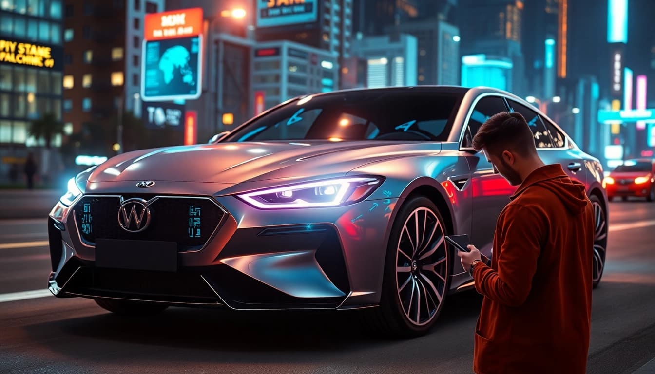 Shield against car hacking with insights from https://car-hack-world.com in a dramatic urban setting.