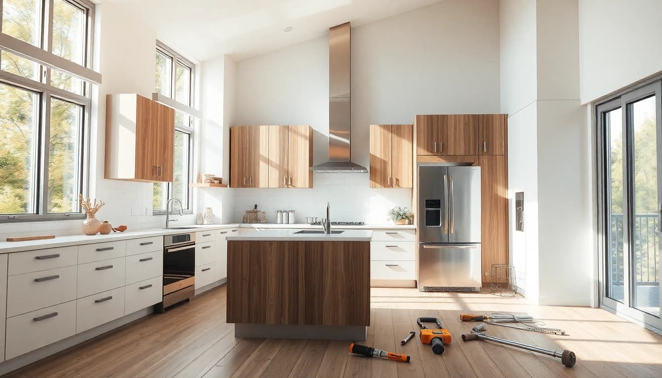 Showcasing a modern kitchen in the midst of home renovation, highlighting design and transformation.
