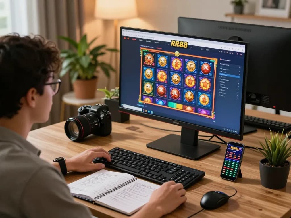 Engaging online gaming experience at RR88 with vibrant slot games on screen and strategy notes