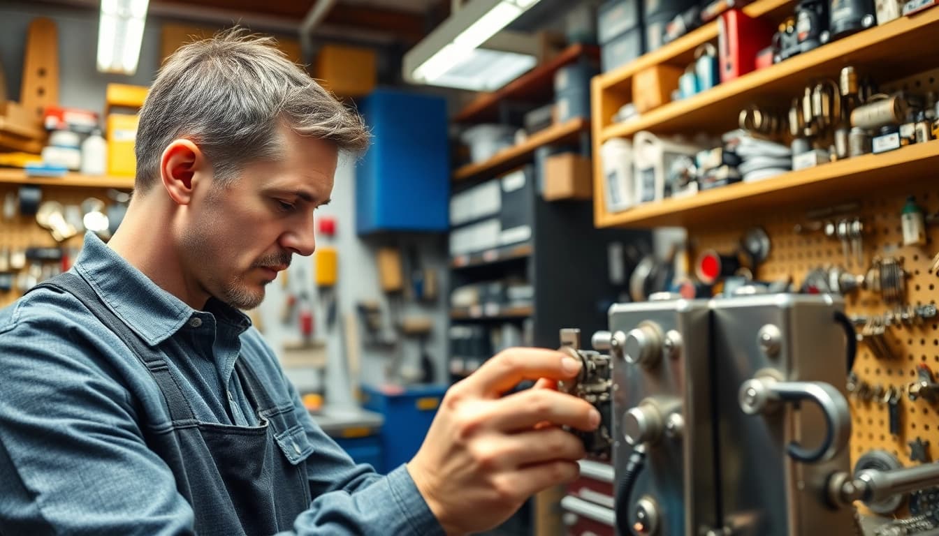 Locksmiths Durham professionals expertly handling lock mechanisms in a well-equipped workshop.