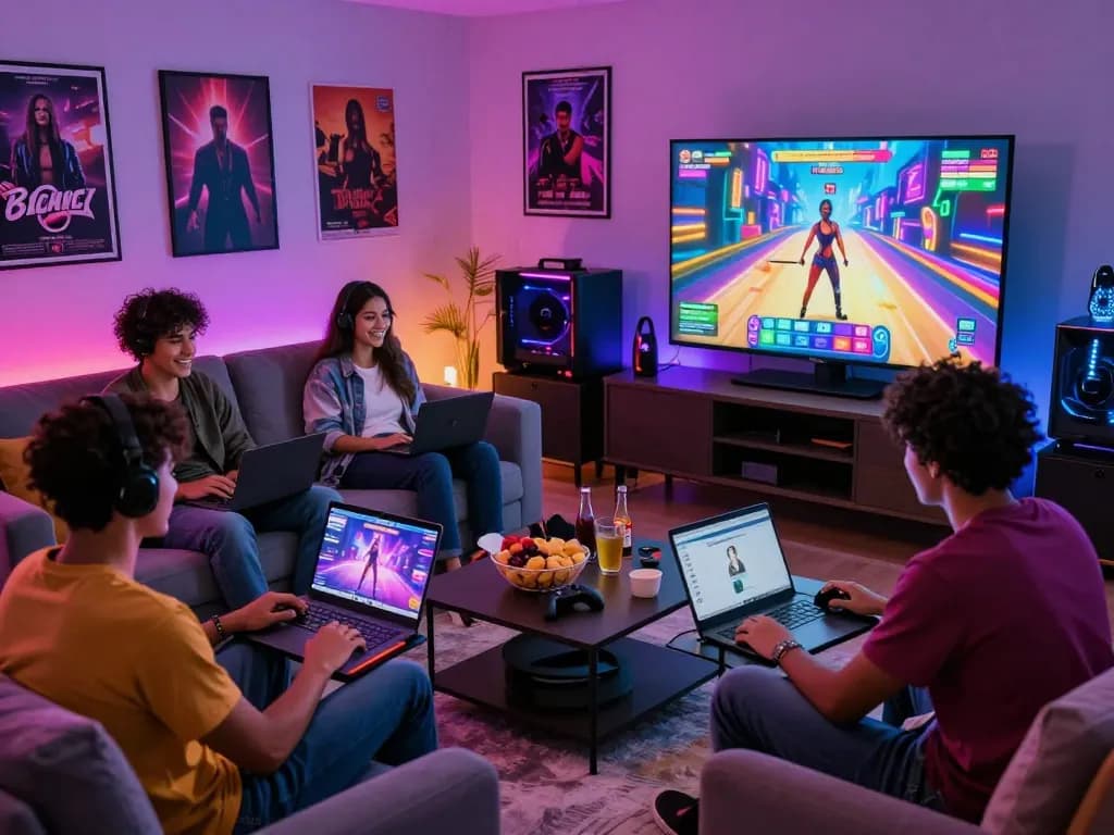 Group of friends enjoying porn game online in a cozy living room with vibrant gaming atmosphere.