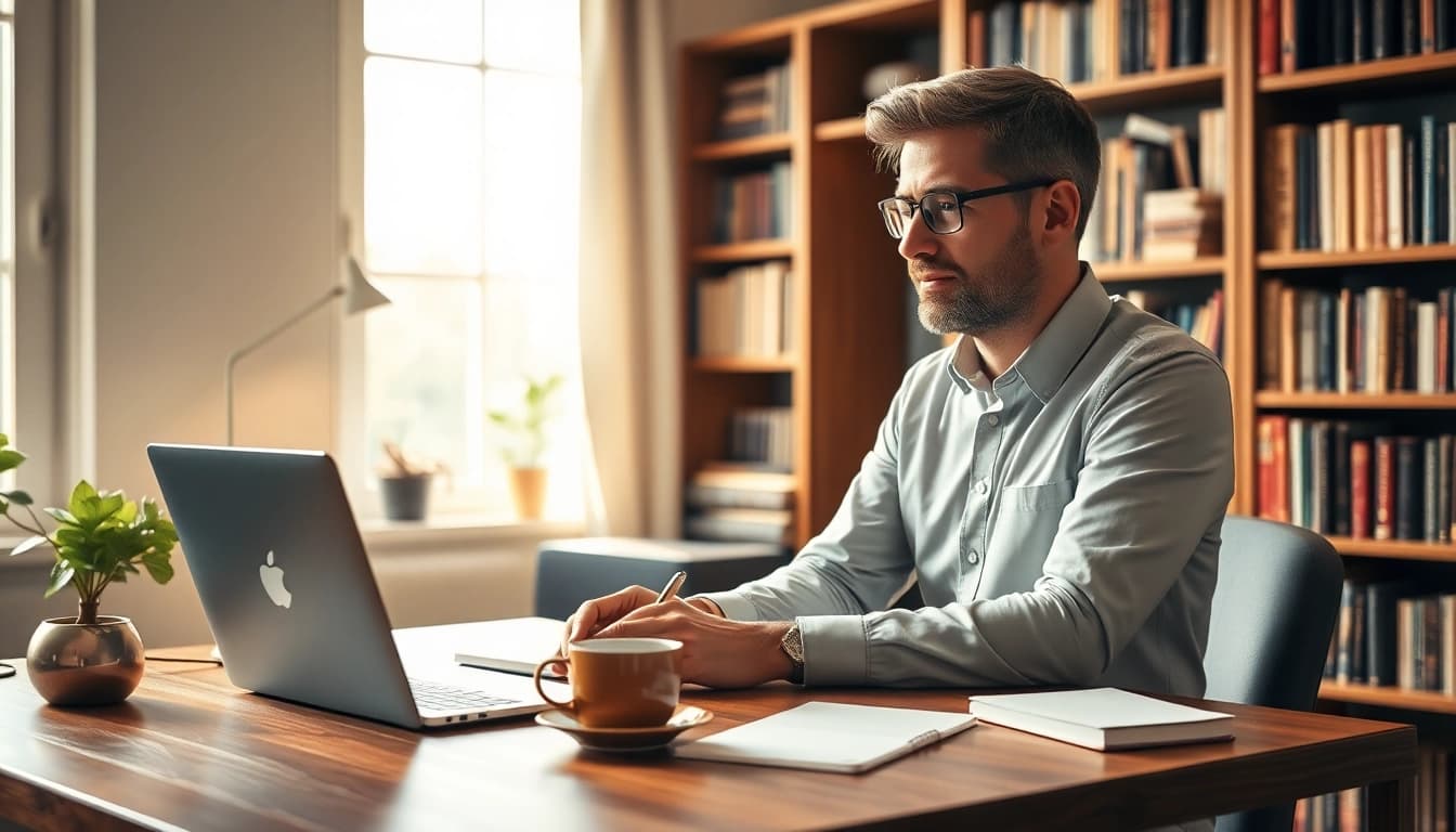 Author writing at a cozy desk with warm lighting, surrounded by books and notes.