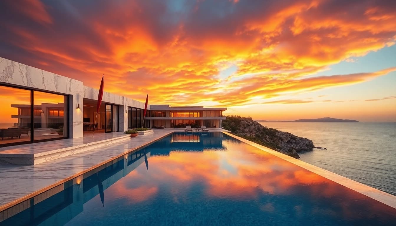 Captivating view of luxury international real estate villa with infinity pool and sunset backdrop.