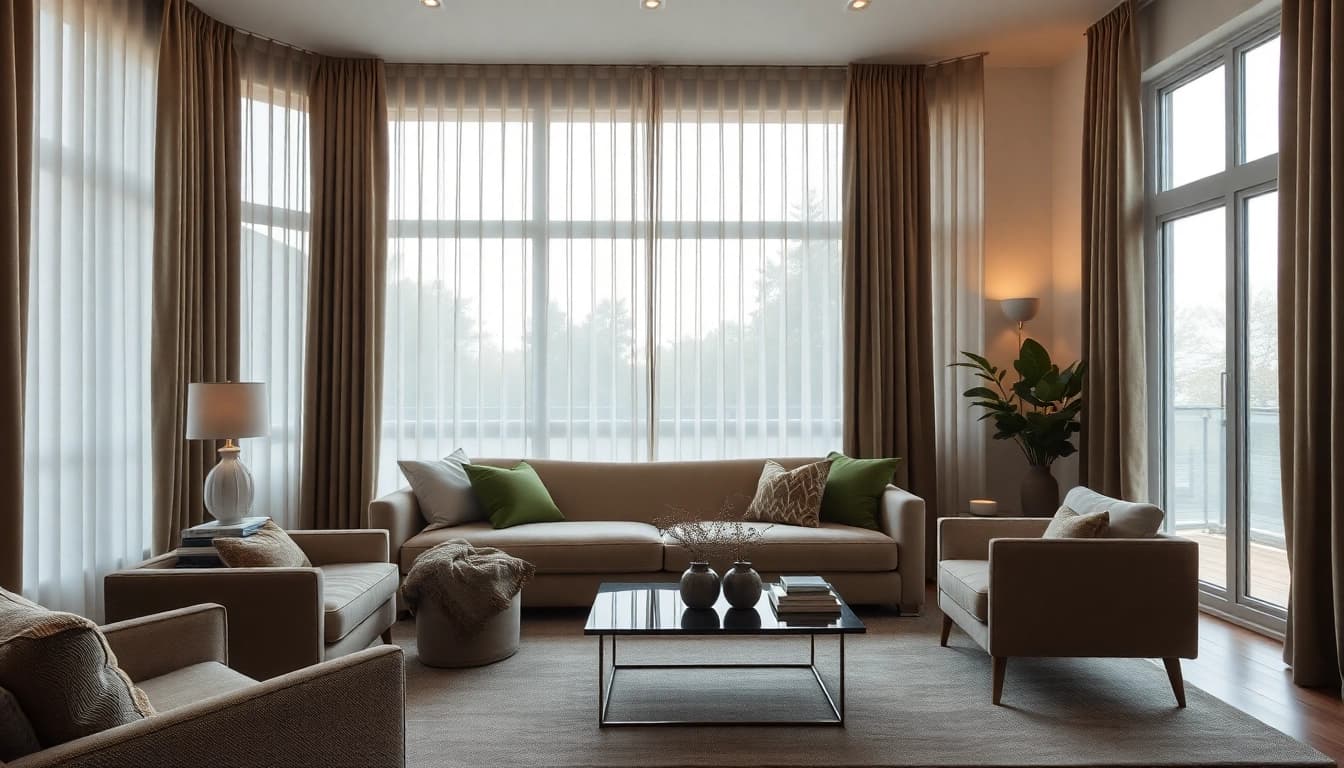 Verduisterende gordijnen in een stijlvolle woonkamer creëren een ontspannen sfeer.