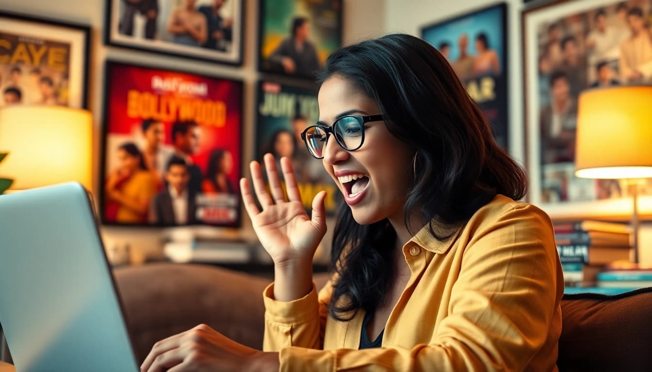 Engaging blogger shares insights on https://theopinionatedindian.com amidst Bollywood-themed decor.