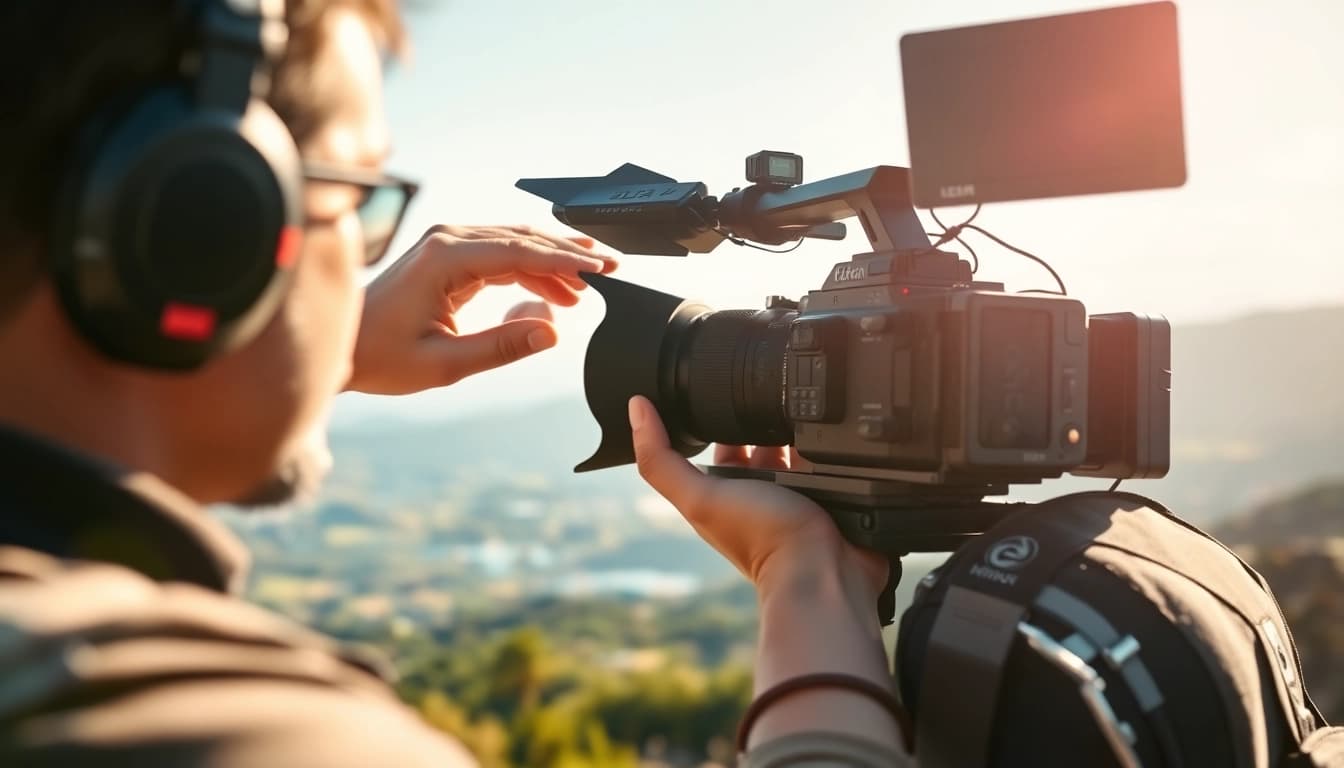Cinematic video production session with a videographer outdoors adjusting camera settings amidst stunning scenery.