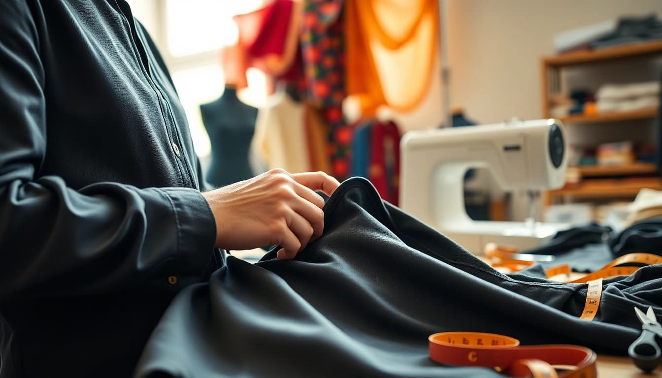 Clothing alterations near me Nashville showcased by a tailor meticulously working on a garment in a bright sewing studio.