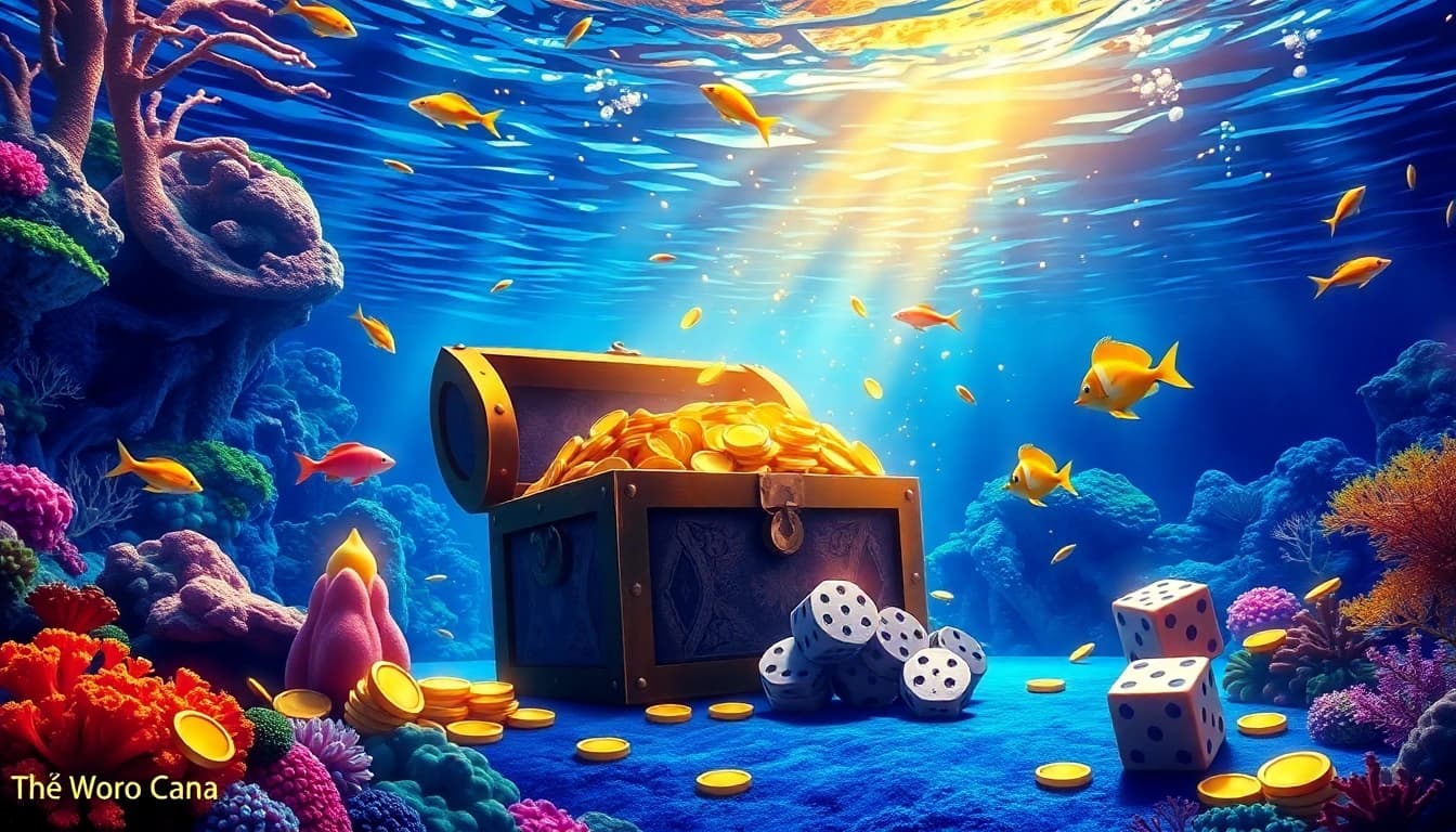 Bắn cá đổi thưởng scene showing vibrant underwater gambling elements and treasure.