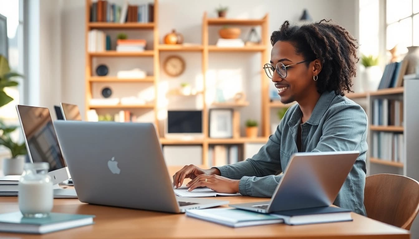 Showcasing a professional blogger working diligently on https://whocanonline.com, surrounded by technology and books.