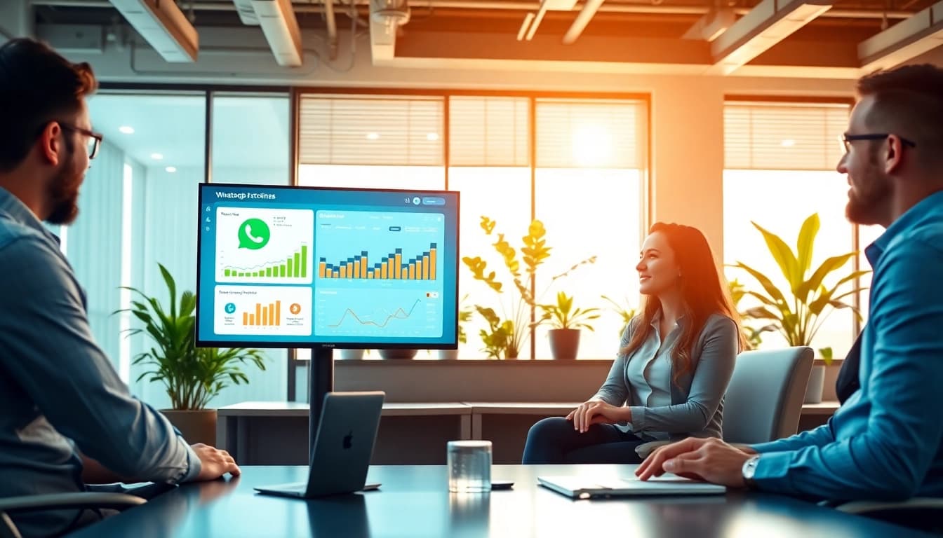 Understanding What is a CRM for WhatsApp with a team discussing CRM analytics in an office.