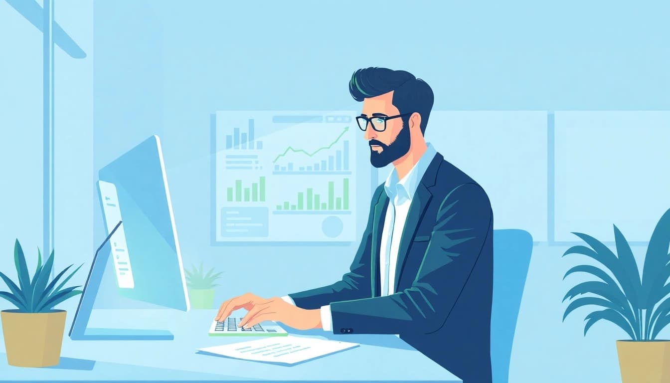 Analisi costi e ricavi immobiliari con un esperto al computer in un ambiente moderno.