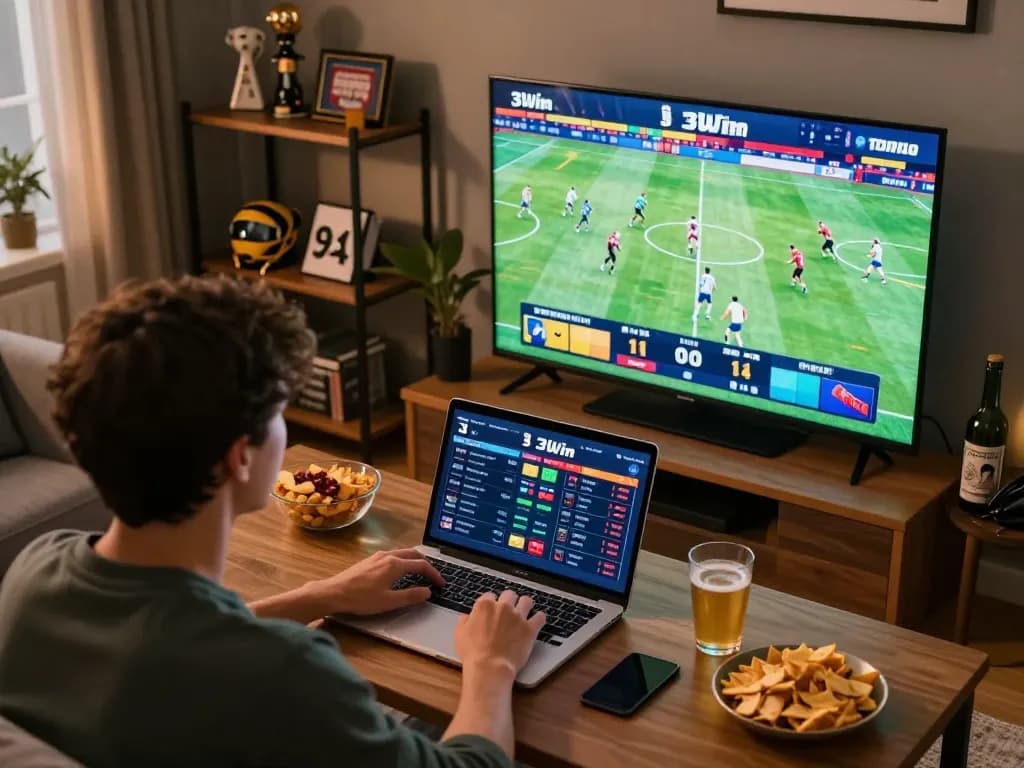 3Win sports betting excitement during a live event, user engaged with laptop and snacks at home