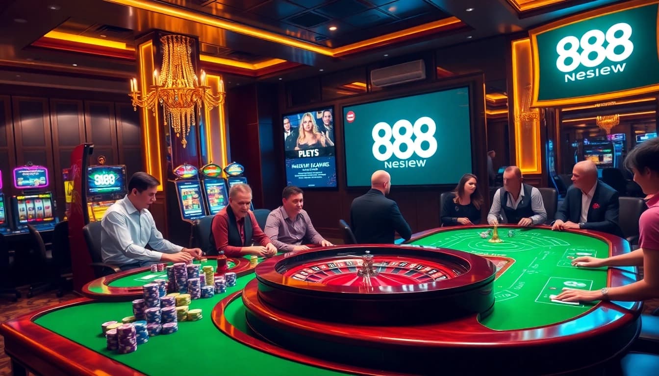 Experience the thrill of 888new casino games with vibrant visuals of players at engaging tables.