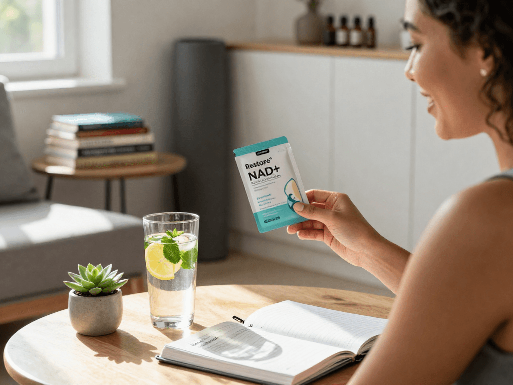 Experience NAD+ benefits with a wellness enthusiast enjoying buccal strips in a serene home setting.