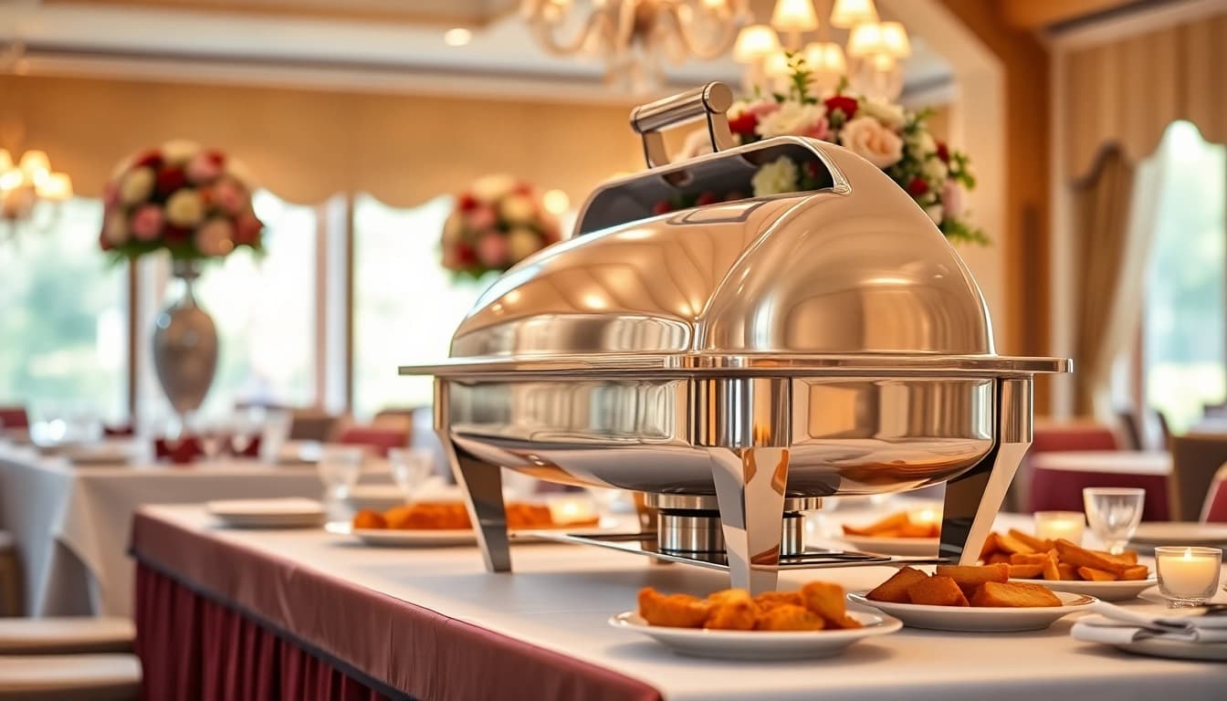 Chafing dish elegantly arranged on a banquet table with floral decorations.