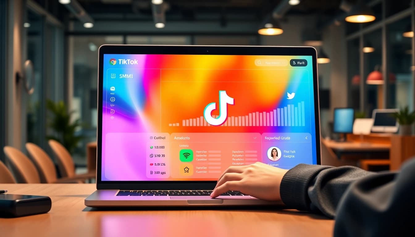 Engaging with a TikTok SMM panel displaying vibrant social media metrics and graphics.