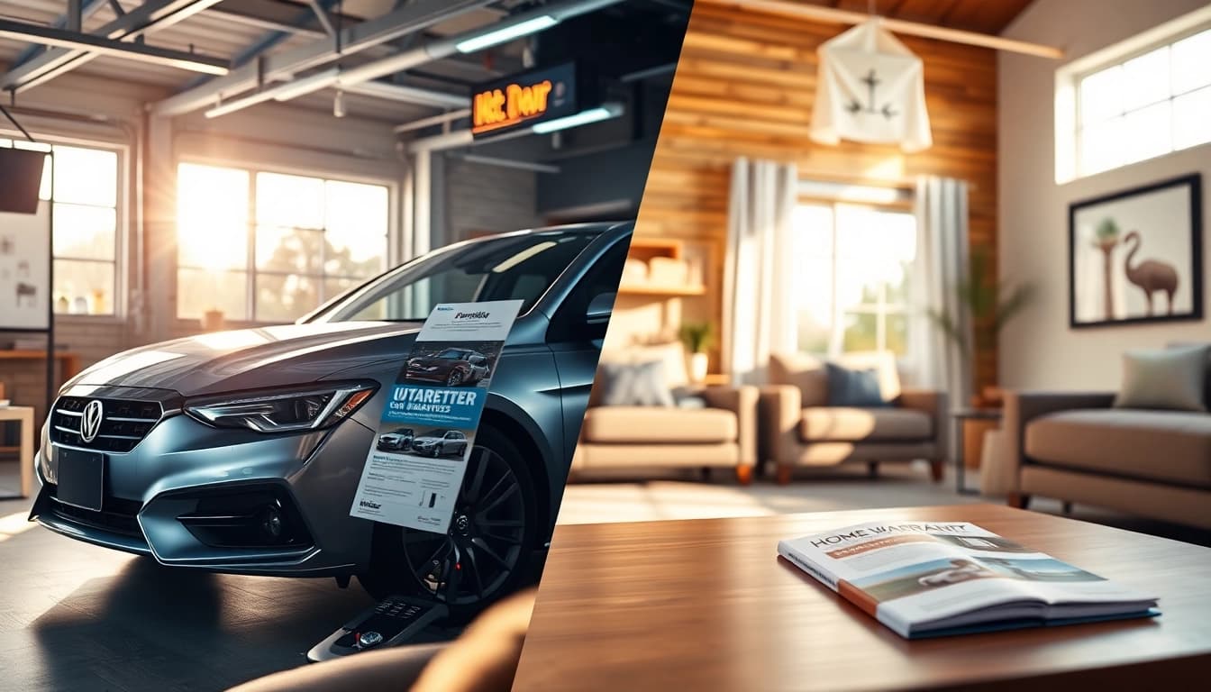 warranty protection for cars and homes represented by a split-screen design showing an elegant car and a cozy living room