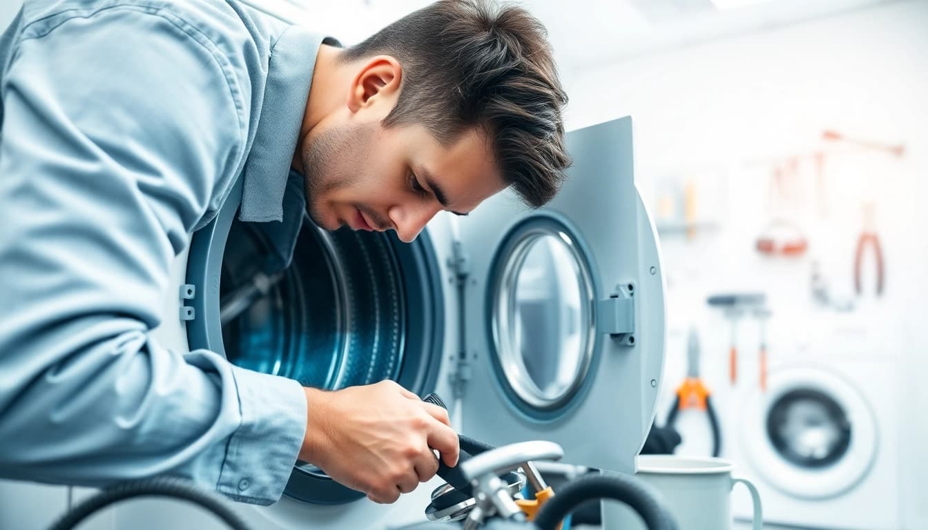 Technician performing washing machine repair in a bright laundry room.