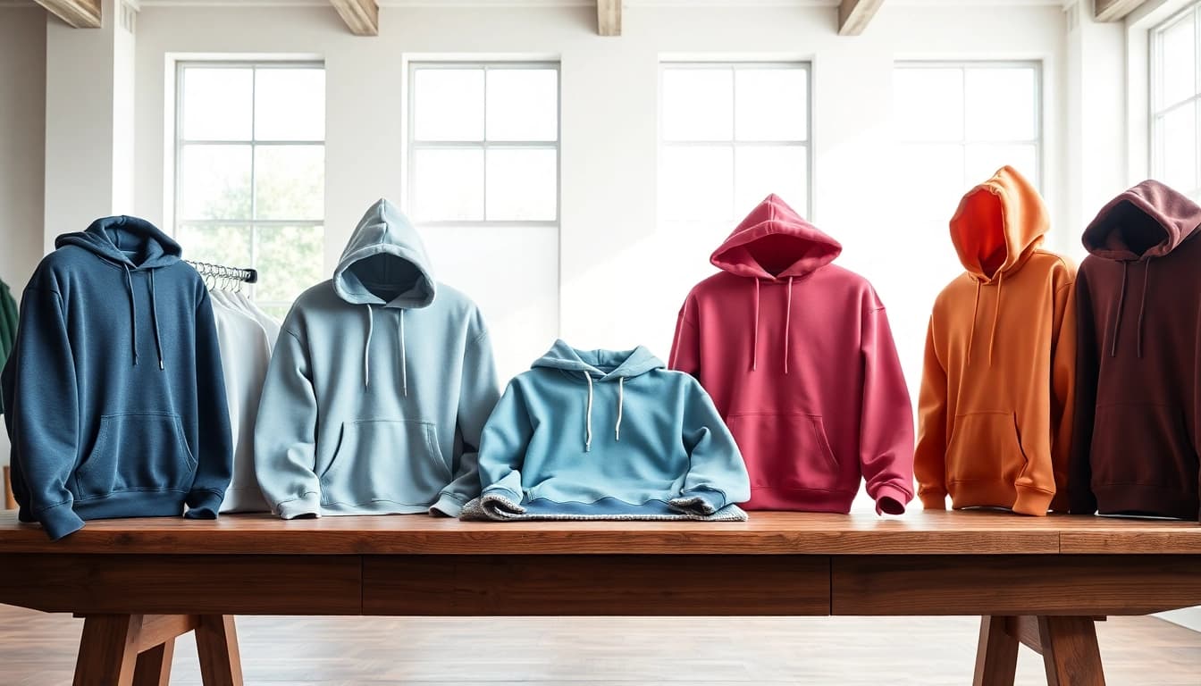 Showcase of colorful blank hoodies on a wooden table in a bright studio setting.