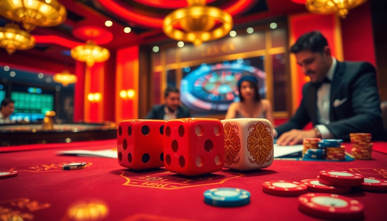Engaging in a thrilling game of Tài Xỉu at https://taixiumd5.fan/ with vibrant casino elements like dice and betting chips.