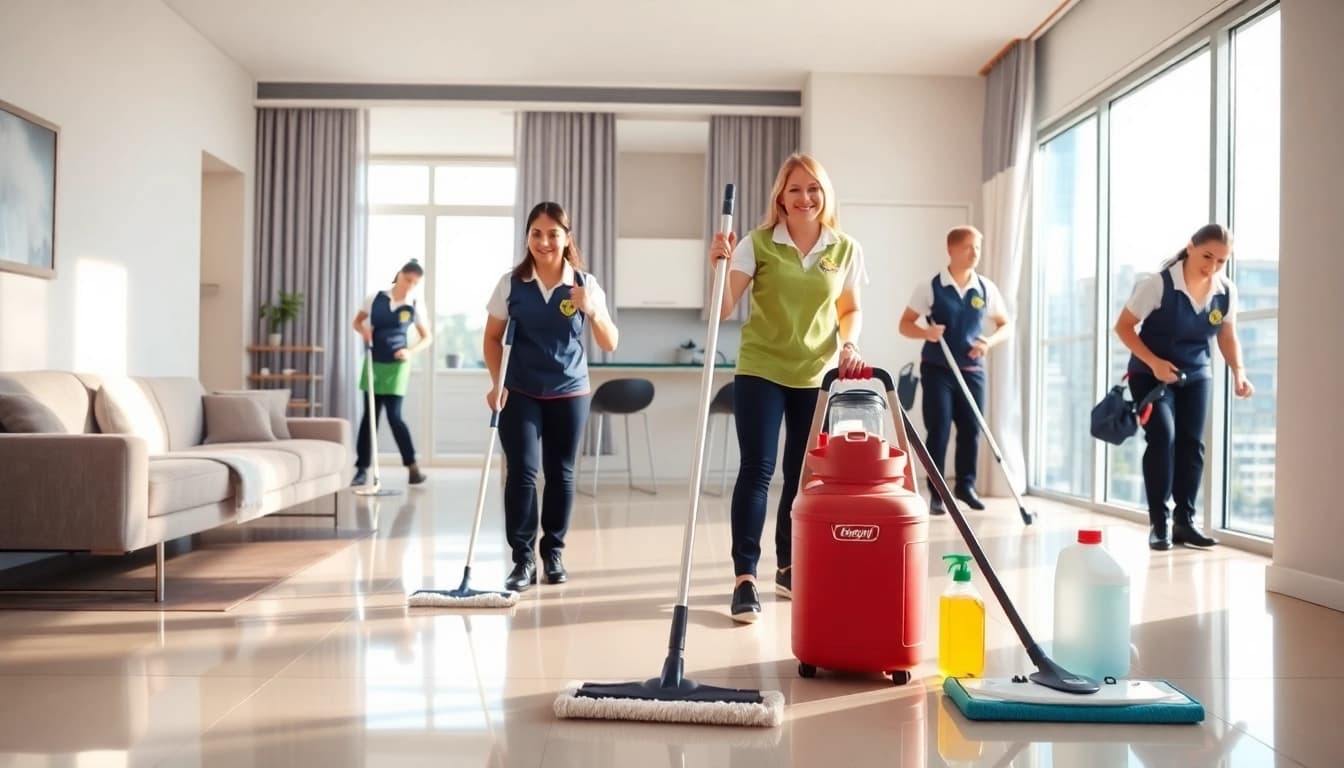Professional bond cleaning brisbane in action by expert cleaners in a bright apartment.