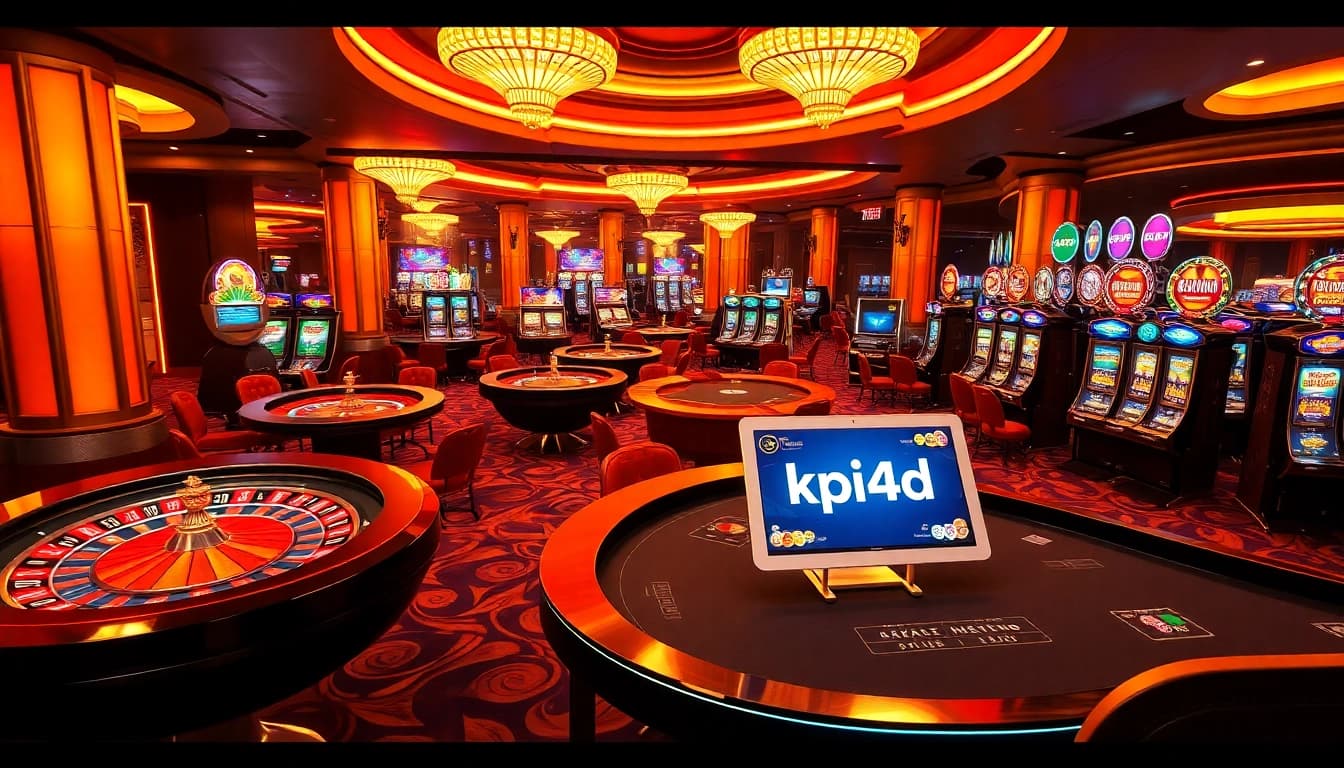 KPI4D action scene showcasing a vibrant casino floor filled with roulette, poker, and slot machines.