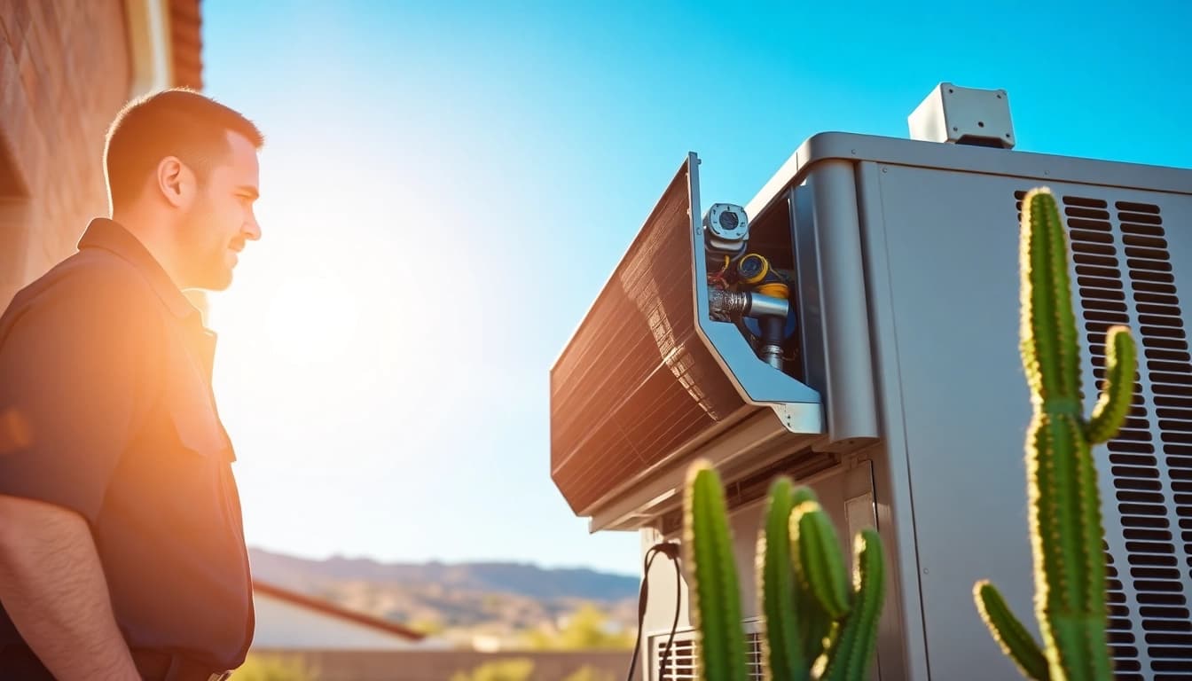 Technician servicing Scottsdale AC unit in sunny Arizona, showcasing HVAC expertise and care.